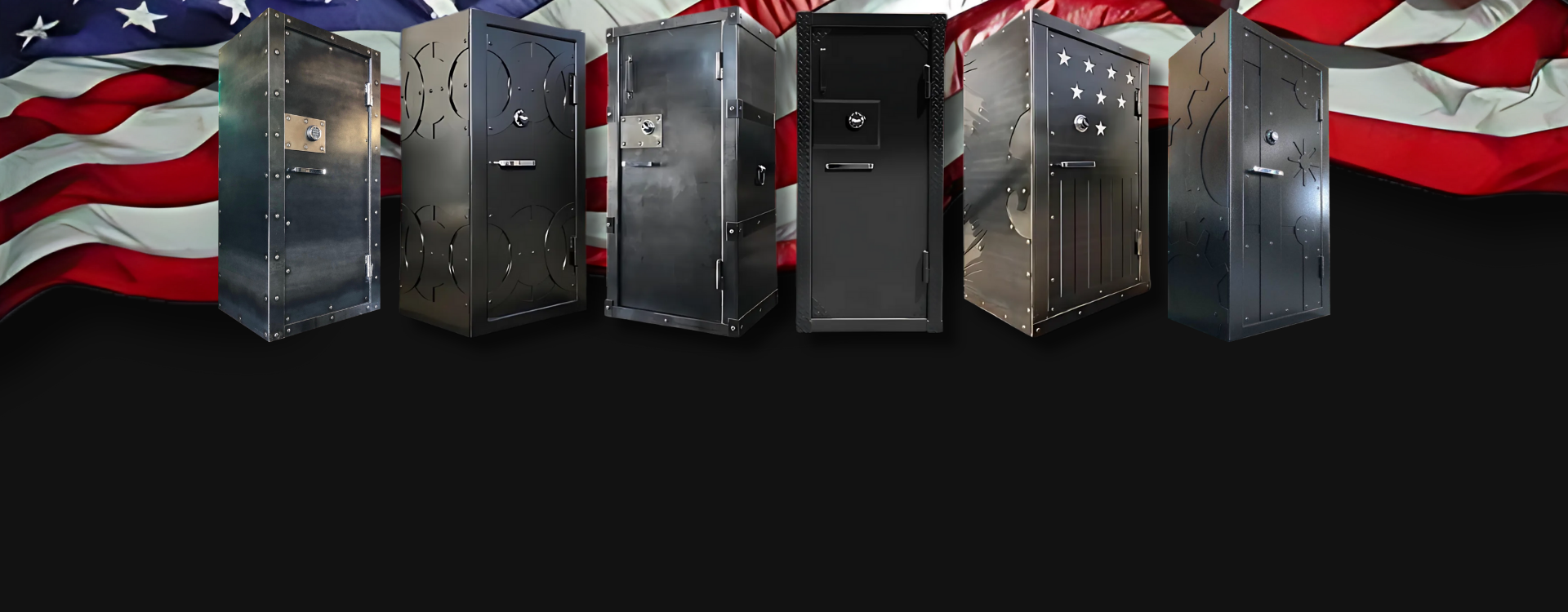 Row of industrial gun safes with an American flag in the background