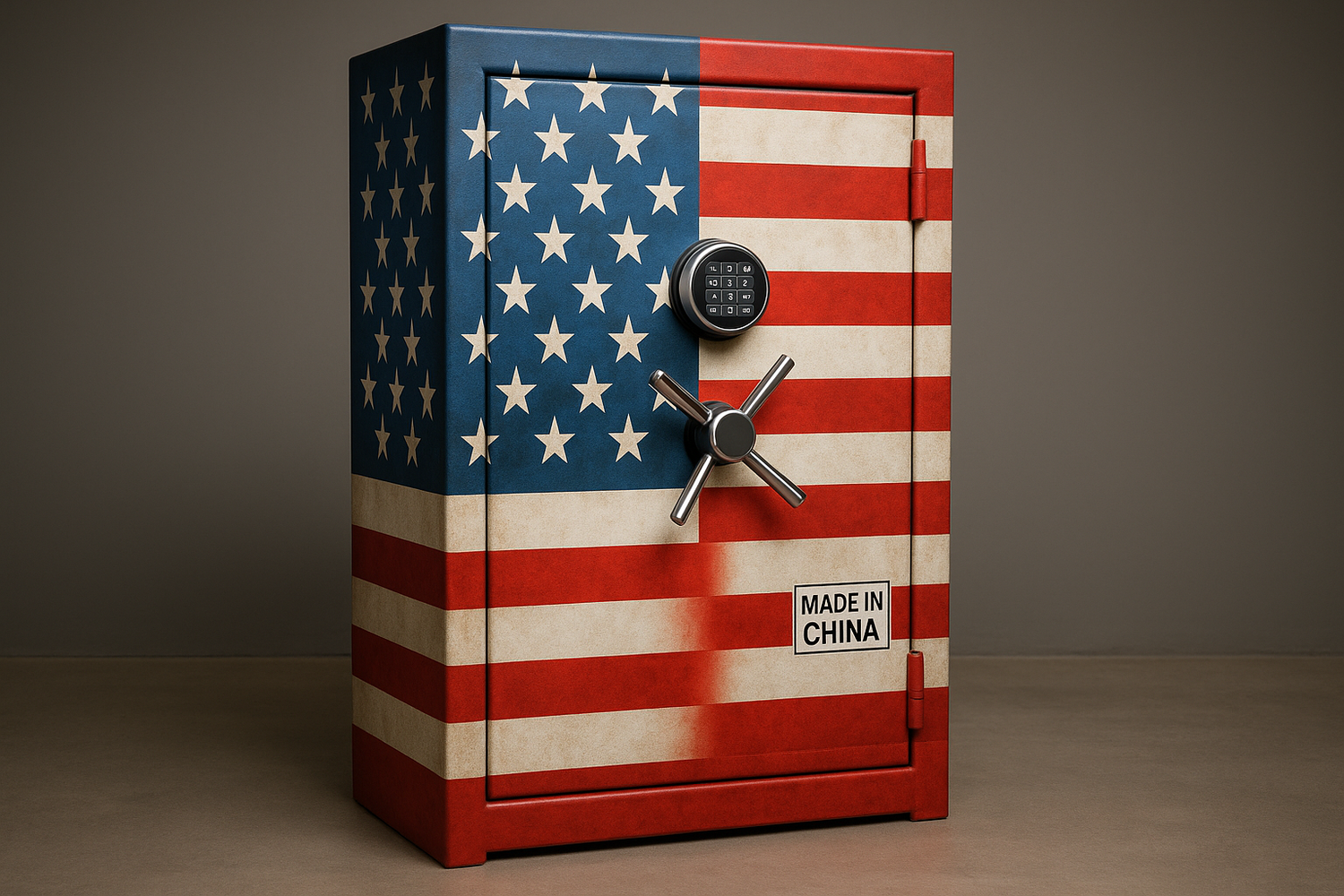 that's not right. start over. show a realistic image of a 5ft tall safe painted with an American flag finish with a made in china sticker on it.