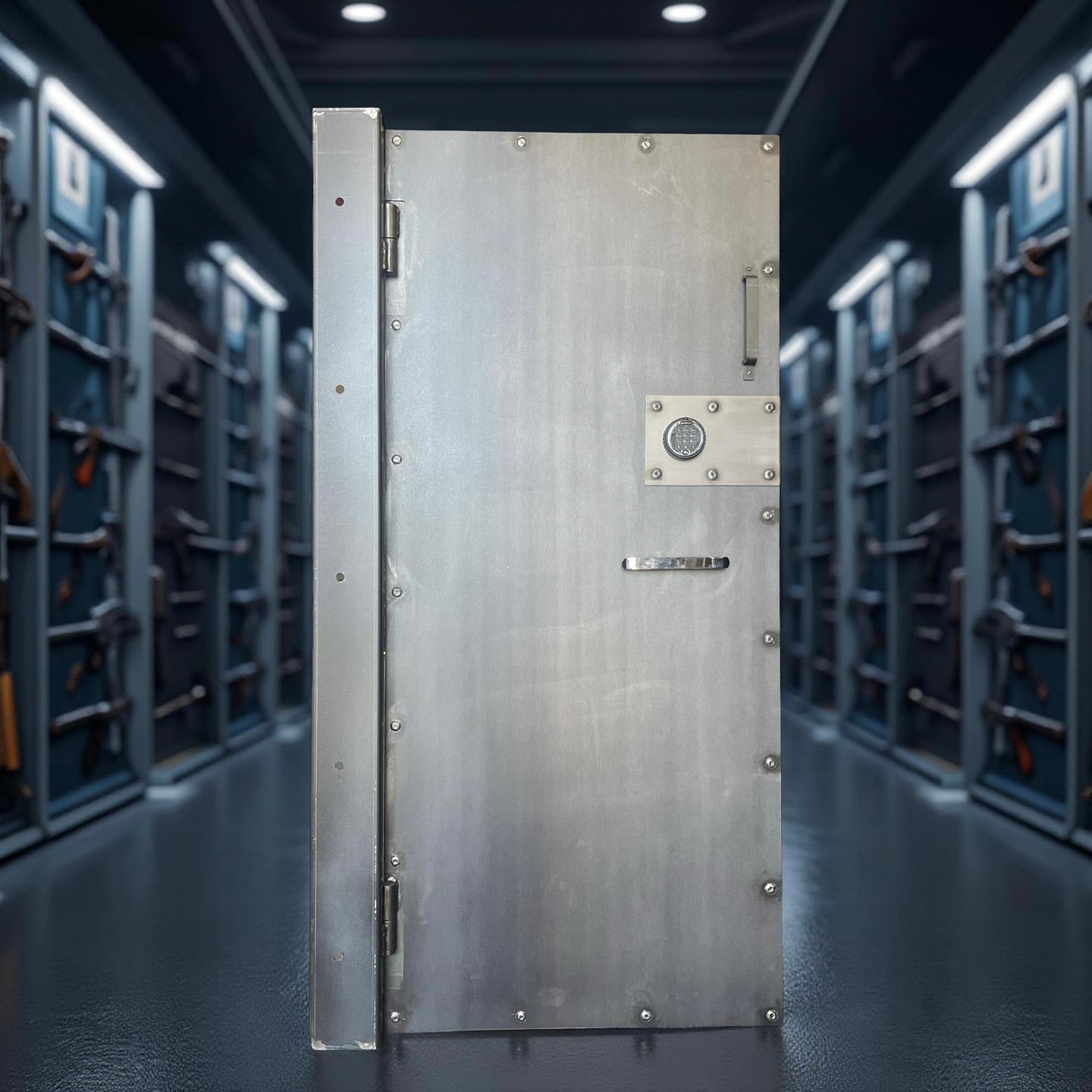 Vault door standing in a gun safe room