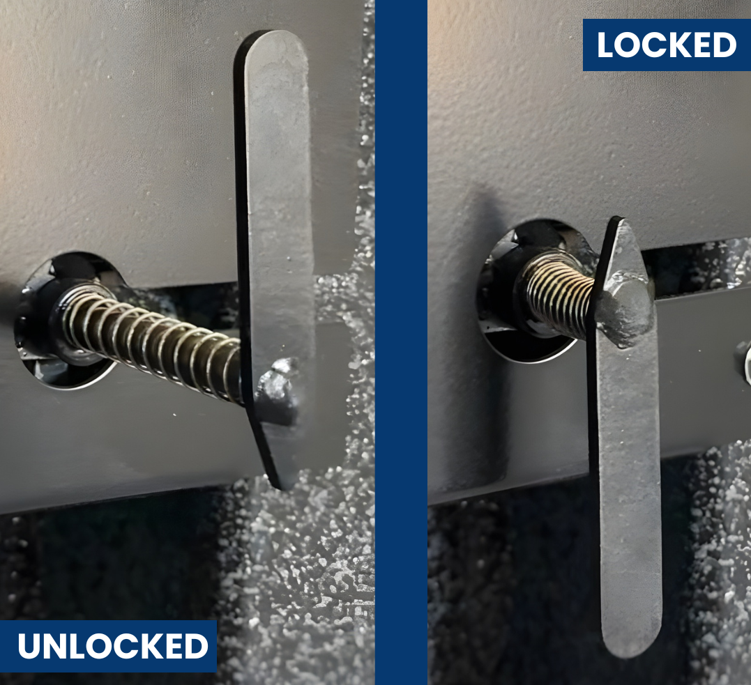 vault door lock mechanism showing unlocked and locked positions with 'UNLOCKED' and 'LOCKED' labels.