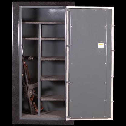 Opened Sturdy Gun Safe with rifles